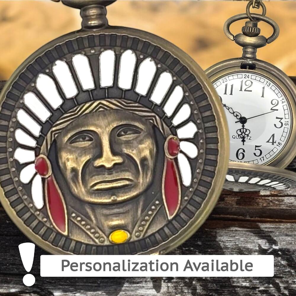 Native American Pocket Watch - Enamel Vintage Look Bronze Indian Chief Heritage